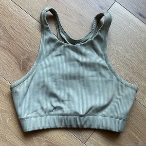 Tan & Lines Ribbed High Neck Sports Bra in Olive/Sage